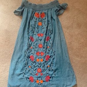 Off the shoulder denim dress with floral detail!